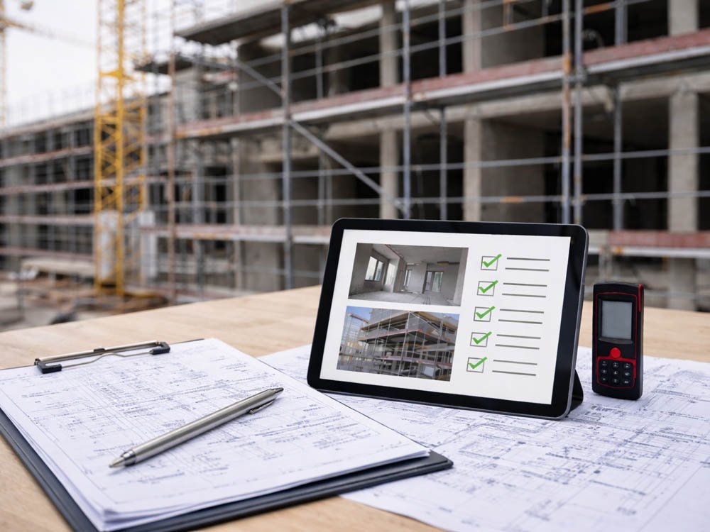 Bauüberwachung und Baustellenkontrollen – Ingenieurbüro Bad Oeynhausen Baustelle mit Bauplänen, Tablet-Checkliste und Messgerät – Bauüberwachung und Baustellenkontrollen vor Ort